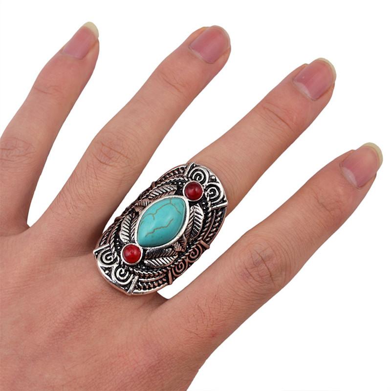 1pc boho women vintage silver plated red turquoise shield carving flower finger ring jewelry retro adjustable