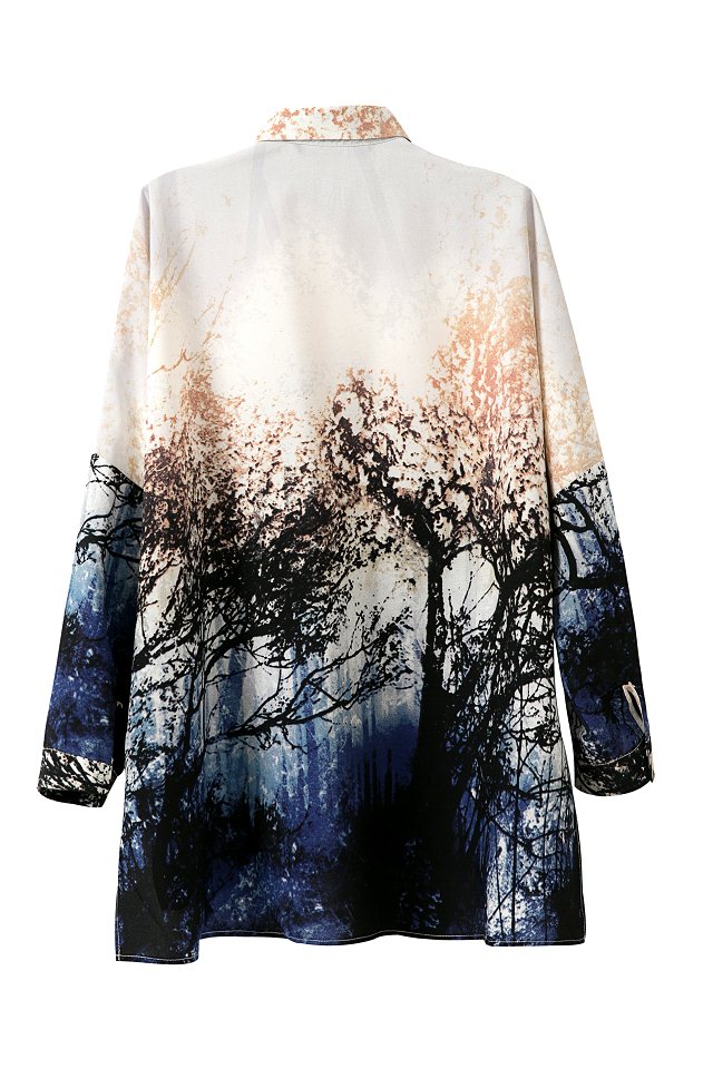 2015 spring summer new european and american style chiffon forest landscapes tree printed over sized blouses 1