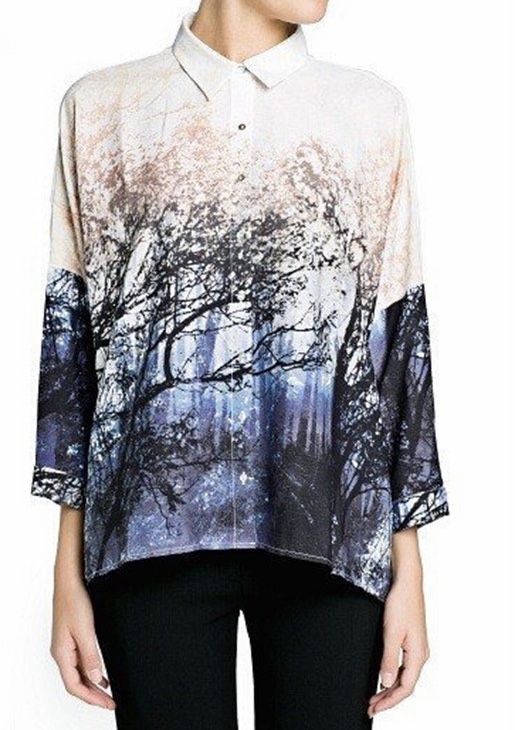 2015 spring summer new european and american style chiffon forest landscapes tree printed over sized blouses