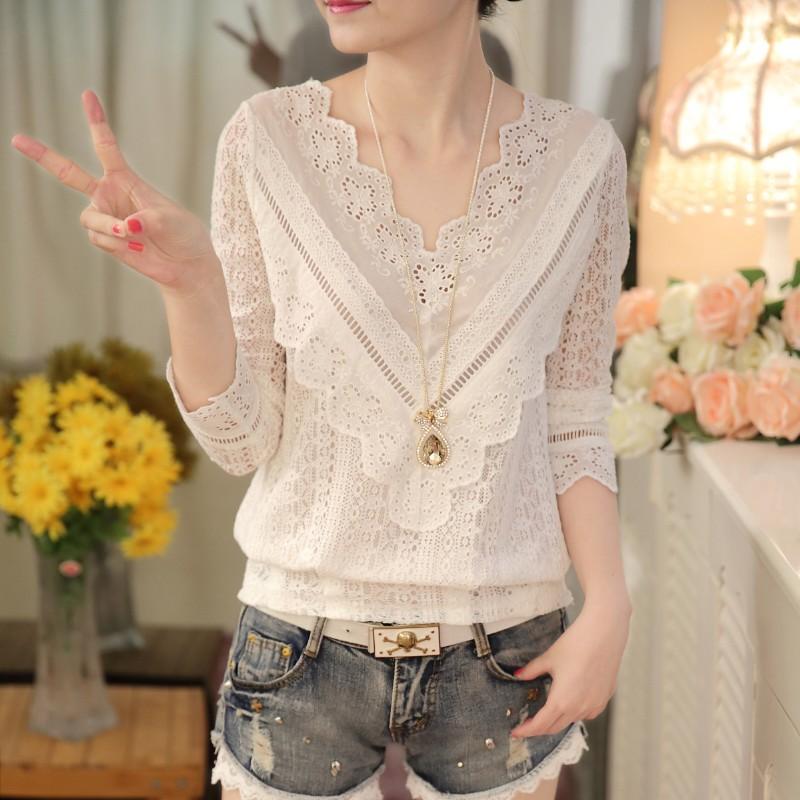 2016 hot venda nova chegada da primavera e do outono mulheres da moda coreano blusa decote