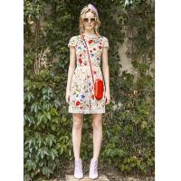 2017 fashion high quality ladies summer dress colorful floral embroidered beige lace dresses o neck a