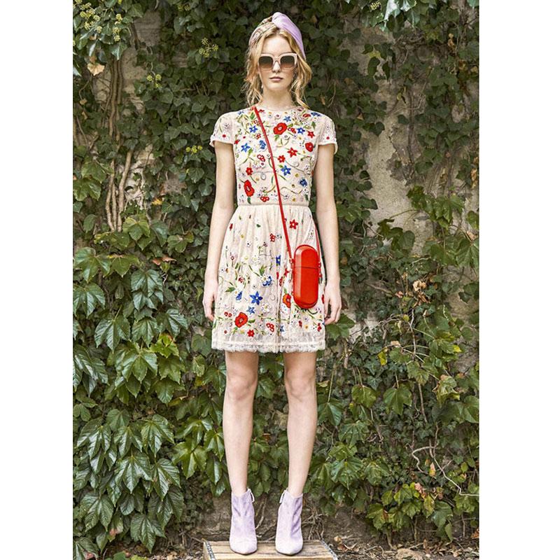 2017 fashion high quality ladies summer dress colorful floral embroidered beige lace dresses o neck a