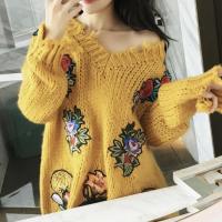Autumn winter new vintage women fashion loose v neck embroidery high street style pullovers female casual