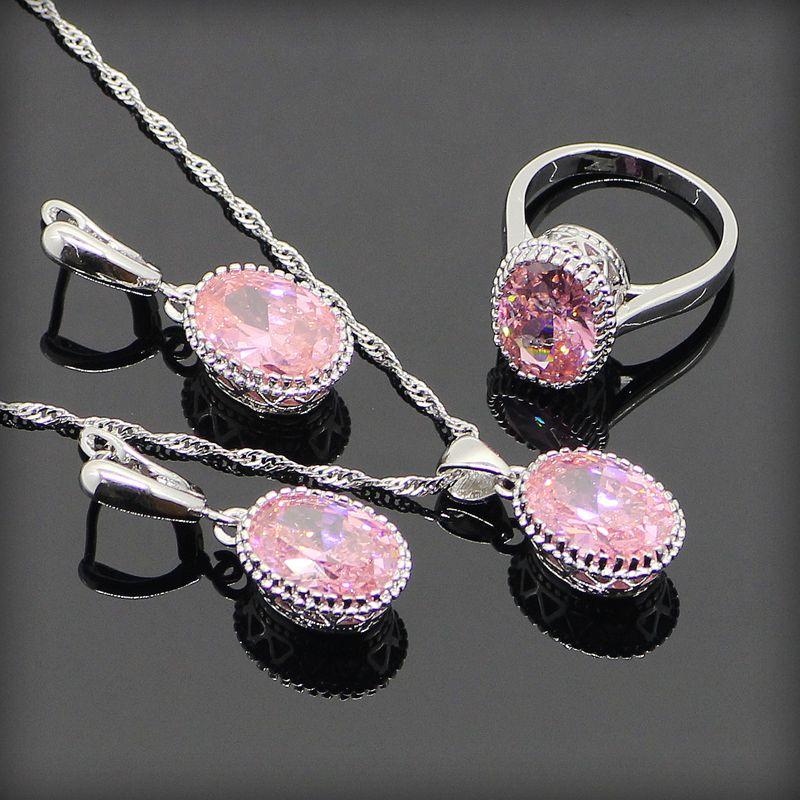 Beautiful princess pink topaz women 925 sterling silver jewelry sets silver earrings pendant necklace rings free