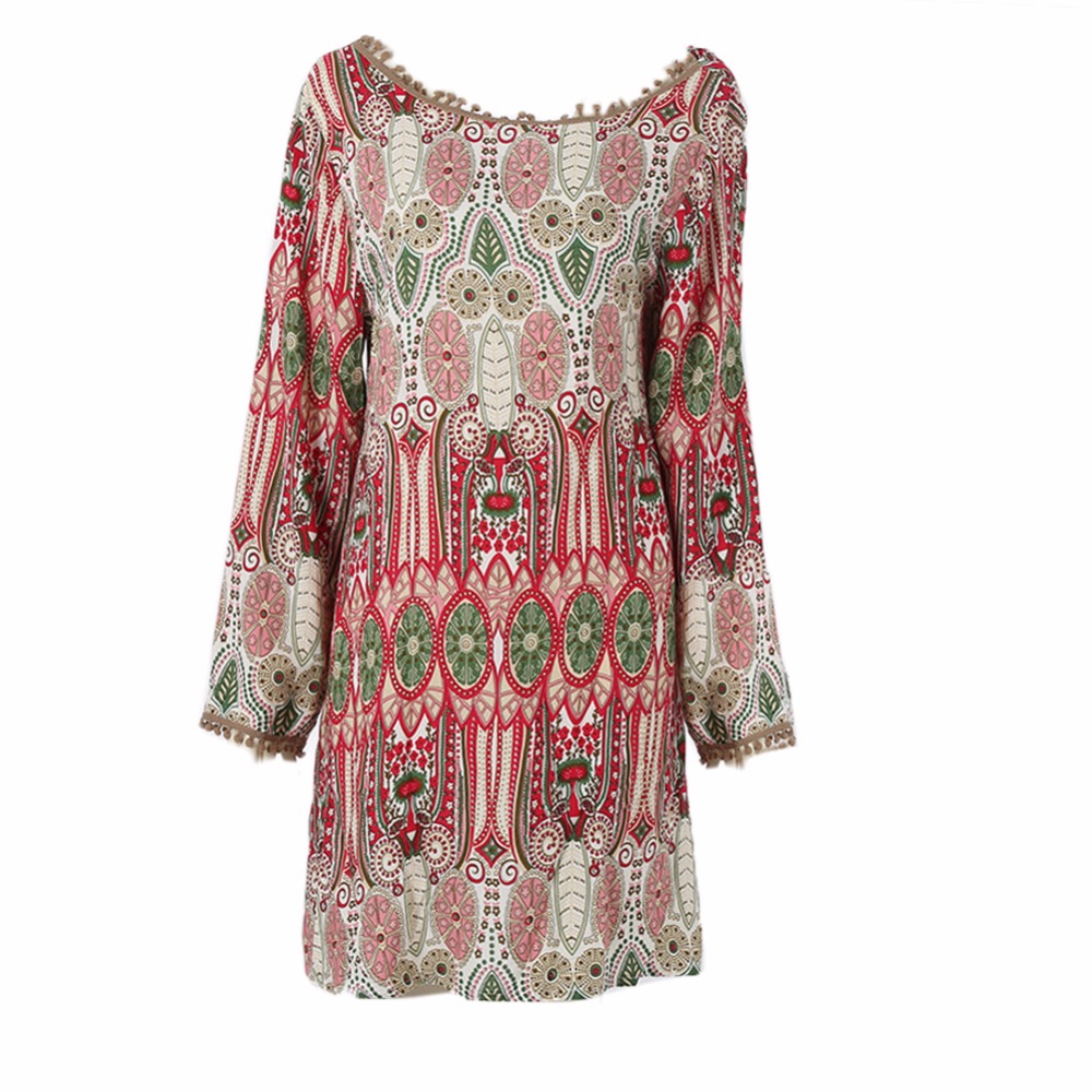 Boho style femmes summer party robe de plage manches longues ras du cou v retour sexy 1