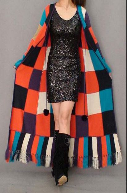 Fashion unique paragraph british style floor length sweater outerwear tassel one piece dress patchwork lacing long 1