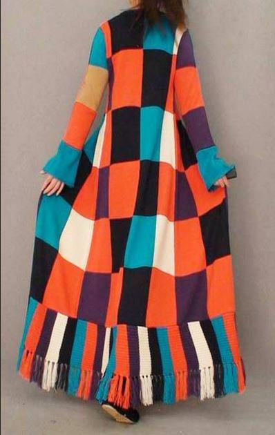 Fashion unique paragraph british style floor length sweater outerwear tassel one piece dress patchwork lacing long 2
