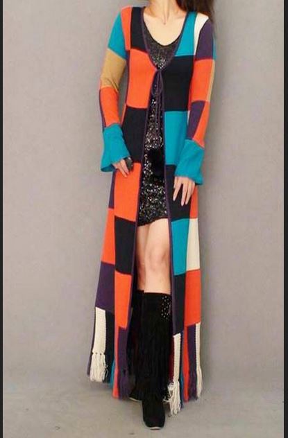 Fashion unique paragraph british style floor length sweater outerwear tassel one piece dress patchwork lacing long 3