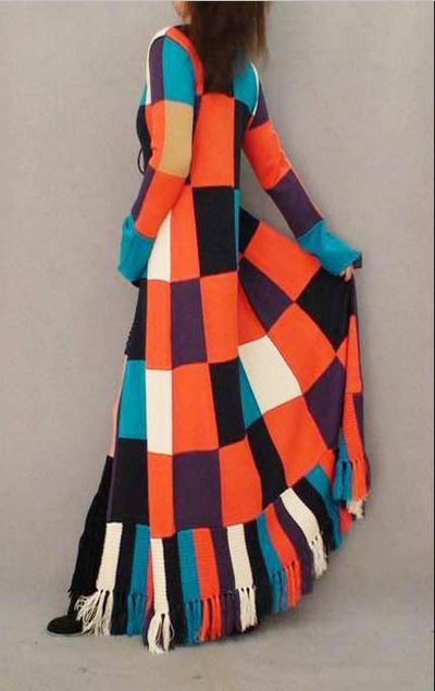 Fashion unique paragraph british style floor length sweater outerwear tassel one piece dress patchwork lacing long