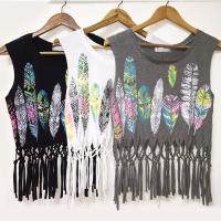 Feathers printed crop top 2016 sexy summer women tassels sleeveless tank casual loose black white gray