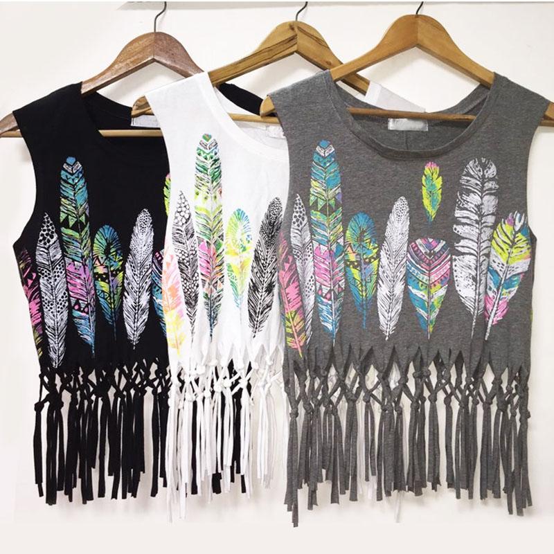 Feathers printed crop top 2016 sexy summer women tassels sleeveless tank casual loose black white gray