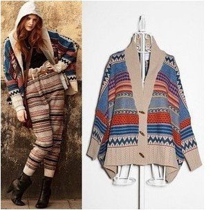 Free shipping stylish bohemian style striped knitted cardigan v neck loose bat wing sleeves cape sweater 1