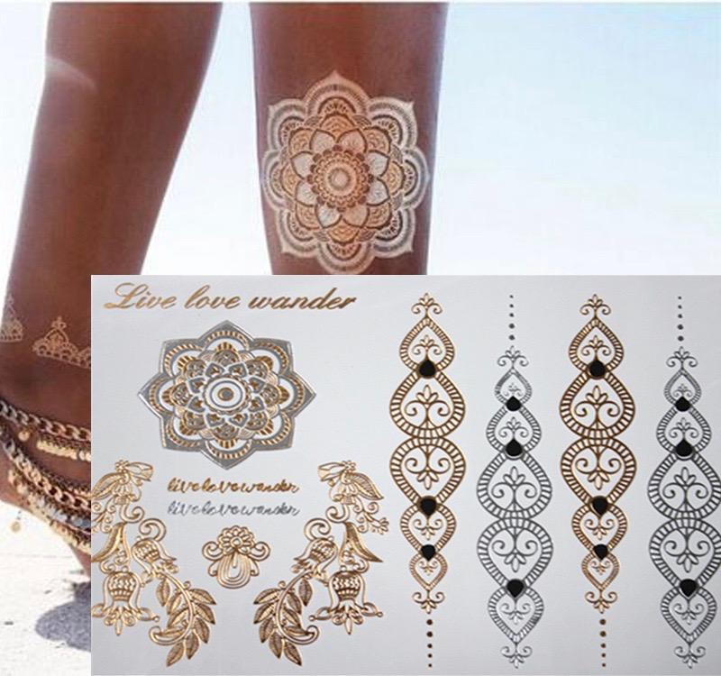 Free shopping new fashion flower body and i temporary henna tattoos metallic gold and silver bracelet 1