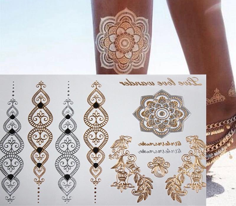Free shopping new fashion flower body and i temporary henna tattoos metallic gold and silver bracelet 2