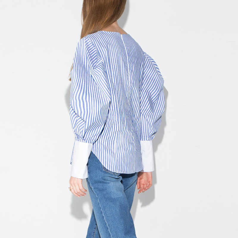 Haoduoyi womens navy style striped lantern sleeve top shirts zipper fashion loose spring blouses for wholesale 1