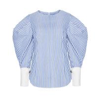 Haoduoyi womens navy style striped lantern sleeve top shirts zipper fashion loose spring blouses for wholesale 2