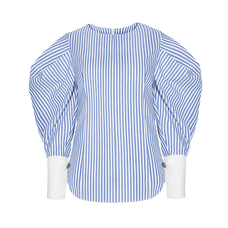 Haoduoyi womens navy style striped lantern sleeve top shirts zipper fashion loose spring blouses for wholesale 2