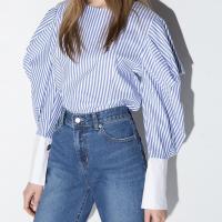 Hdy haoduoyi womens navy style striped lantern sleeve top shirts zipper fashion loose spring blouses for