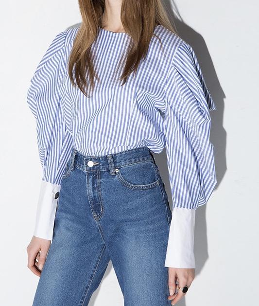 Hdy haoduoyi womens navy style striped lantern sleeve top shirts zipper fashion loose spring blouses for