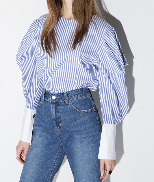 Hdy haoduoyi womens navy style striped lantern sleeve top shirts zipper fashion loose spring blouses for