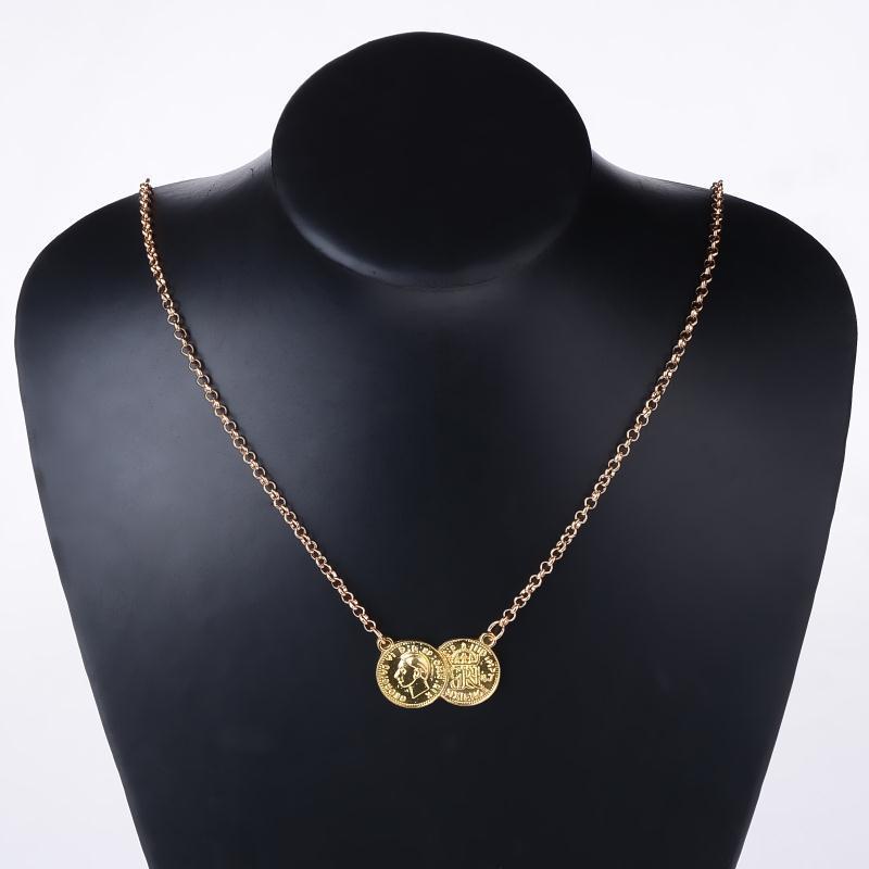 Hot sale new arrivel lucky double coins pendant necklace gold silver plated sweater chain choker necklace 2
