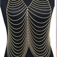 Luxury fashion stunning sexy body belly gold plated body chain bra slave harness necklace tassel waist 1
