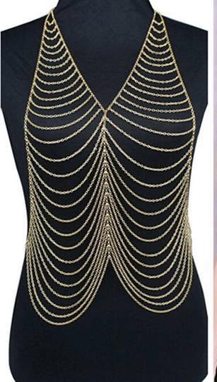 Luxury fashion stunning sexy body belly gold plated body chain bra slave harness necklace tassel waist 1