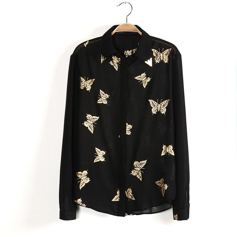 New fashion women blouses 2015 summer casual long sleeve print chiffon blouse shirt plus size women