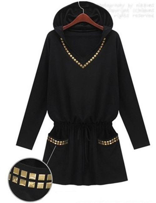 Plus size new 2014 england style punk women winter dress hooded slim long sleeve black dress 1