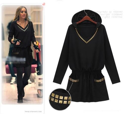 Plus size new 2014 england style punk women winter dress hooded slim long sleeve black dress