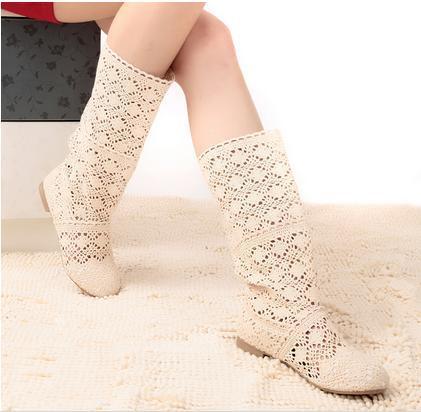 Spring summer boots women boots sweet cool boots knitted cotton lace flat heel high boots big