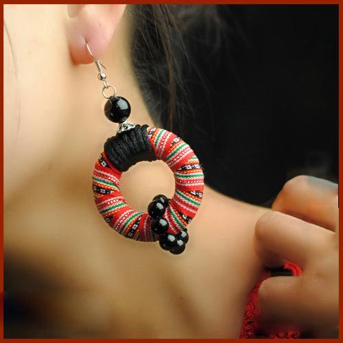 Star handmade vintage chinese wind fabric embroidery round dangle earrings new ethnic jewelry natioanl traditional earrings
