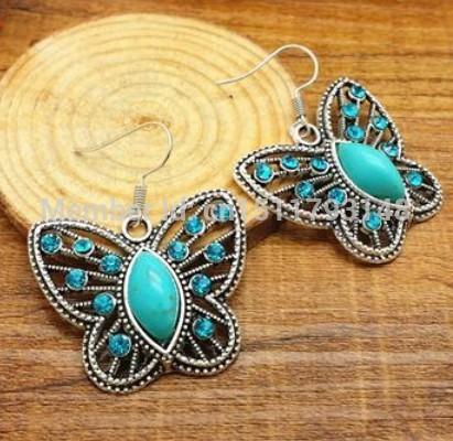 Tribal ethnic style tibetan silver inlaid natural turquoise beautiful butterfly crystal diamond swing earrings sa 008