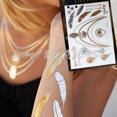 Waterproof tattoo sticker metalic feather temporary tattoo women flash tatoo gold silver shimmer glitter tattoos choker