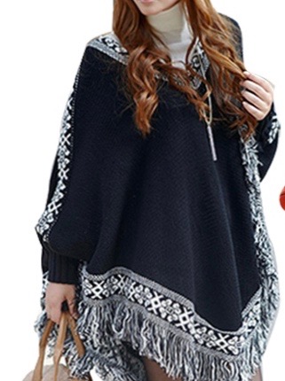 Women batwing knitwear sleeve tassels hem loose pullover blouse irregularity cloak poncho cape tops knitting sweater 1