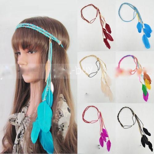 Women indian peacock feather tassels weave headdress hippie headband gift extension forehead hair head band