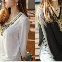 Women ladies fashion v neck collar retro copper sheet long sleeve chiffon shirt blouse tops black 2