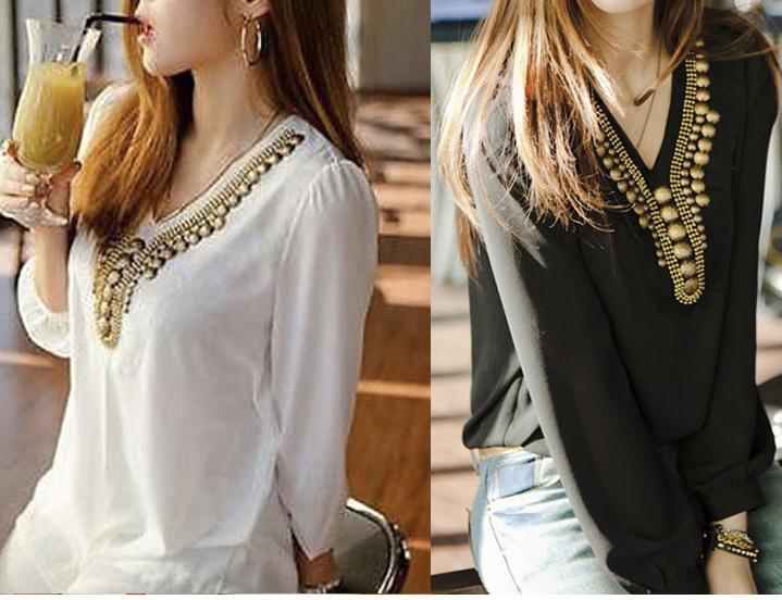 Women ladies fashion v neck collar retro copper sheet long sleeve chiffon shirt blouse tops black 2