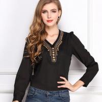Women ladies fashion v neck collar retro copper sheet long sleeve chiffon shirt blouse tops black