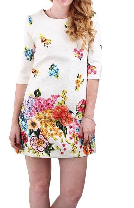 Women s elegant floral print dress o neck three quarter sleeve vintage casual slim brand jacquard