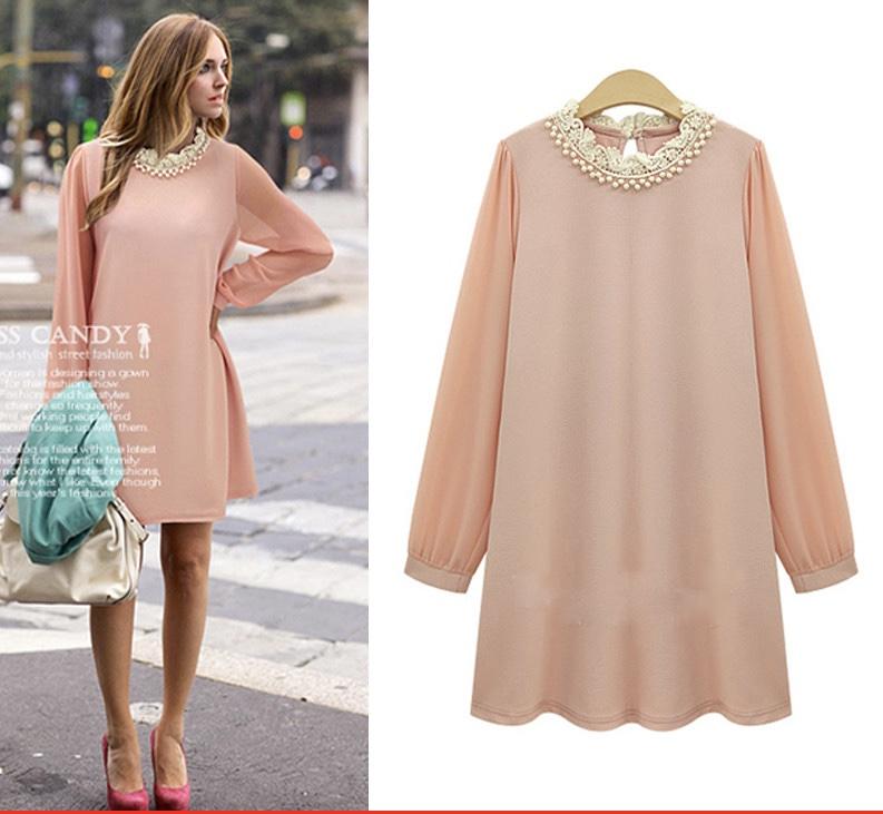 Xl 5xl plus size european 2015 autumn fashion tshirt dress long sleeve pink black chiffon beaded